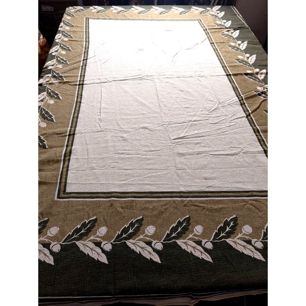 Vtg. Fall Tablecloth Acorn & Oak Leaf Border Earth Tones Rectangle 48"x70" Fall